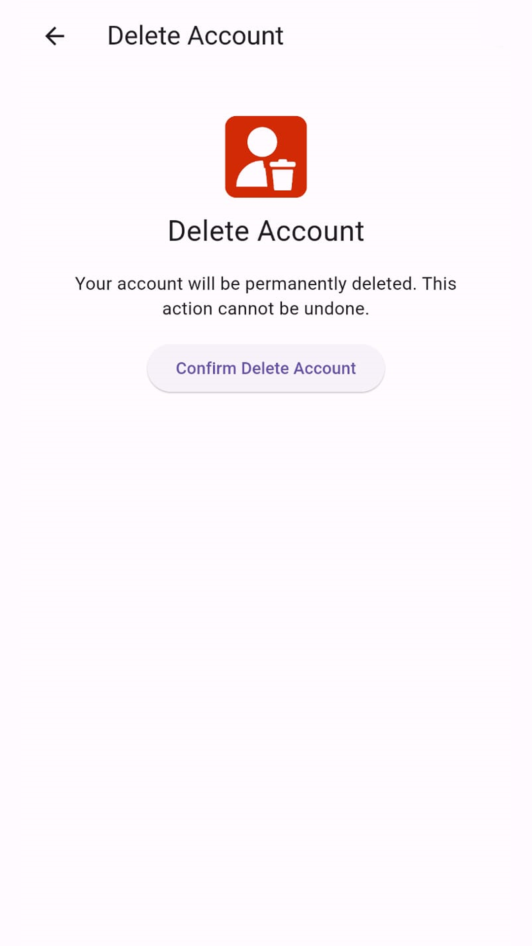 Delete Account screen inside the Viva AI app